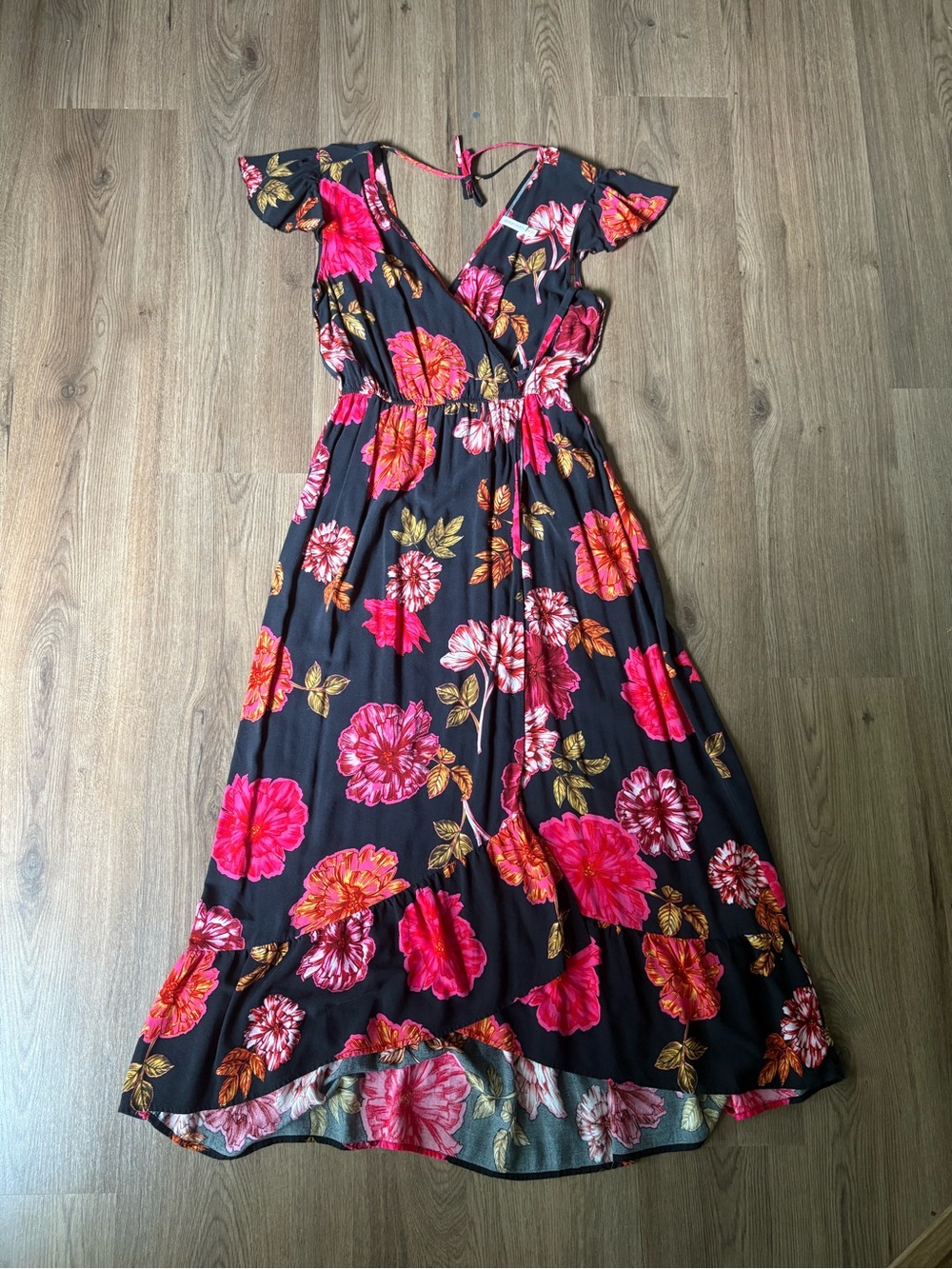 Xhilaration Black Maxi Dress with Pink and Red Floral pattern Suze Med